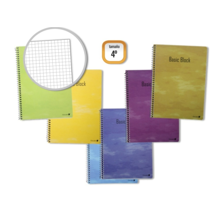 Lot de 10 cahiers à spirales dorés, 80 feuilles, 60 g/m², quadrillage 4°, couverture plastifiée standard, couleurs assorties