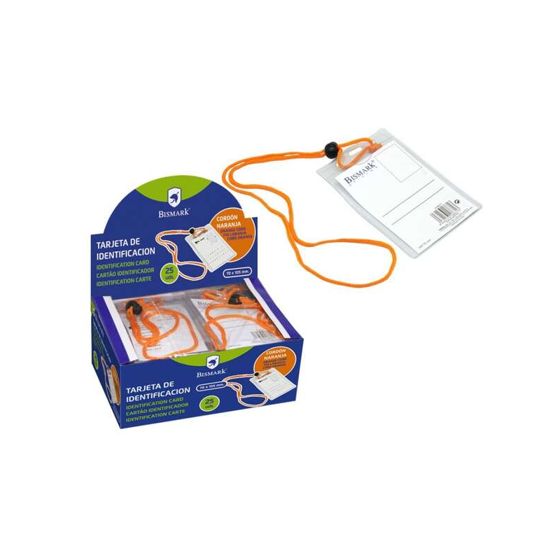Bismark Porte-nom Vertical avec Cordon - Remplacement Rapide de l'Etiquette - Carte Incluse - Couleur Orange, Transparent