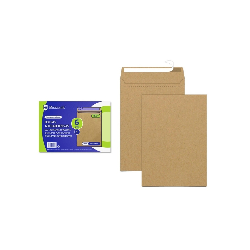 Bismark Pack de 6 Enveloppes en Papier Kraft 90gr - Dimensions 184x261mm - Fermeture Autocollante - Couleur Marron