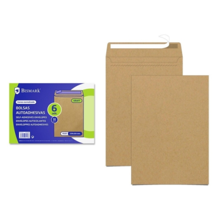 Bismark Pack de 6 Enveloppes en Papier Kraft 90gr - Dimensions 184x261mm - Fermeture Autocollante - Couleur Marron