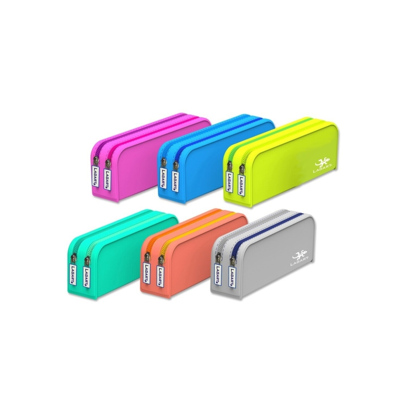 LOT de 12 Trousse à crayons en silicone Lagart à 2 compartiments - Couleurs assorties