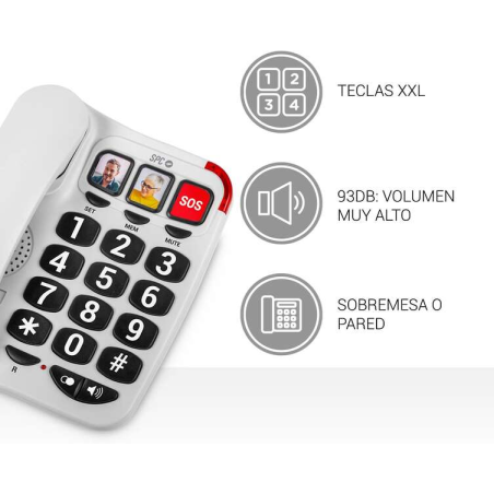 Téléphone fixe SPC pour seniors - Touches XXL - Appels One Touch - Volume de sonnerie 93Db - Compatible avec les appareils audit