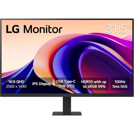 Moniteur LED LG 31,5" IPS QHD HDR10 100 Hz - Temps de réponse de 5 ms - Angle de vision de 178° - 16:9 - HDMI, USB-C - VESA 100