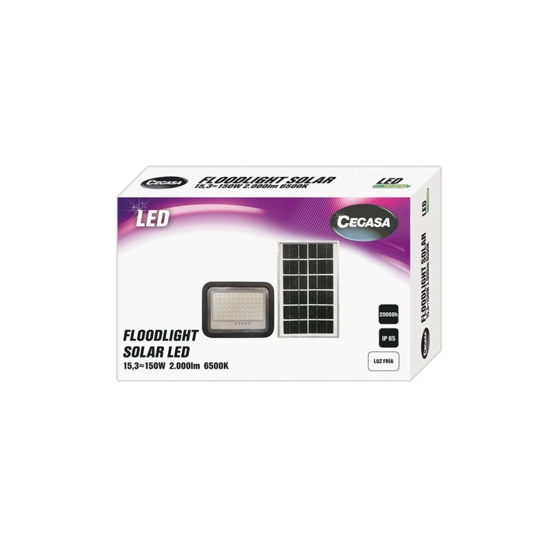 Projecteur LED solaire Cegasa 2000lm 6500K - Panneau solaire intégré 5V-15W - Autonomie jusqu'à 12h - Résistance IP65