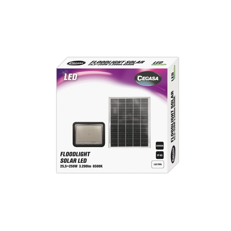 Projecteur LED solaire Cegasa 3200lm 6500K - Panneau solaire intégré 5V-25W - Autonomie jusqu'à 12h - Résistance IP65