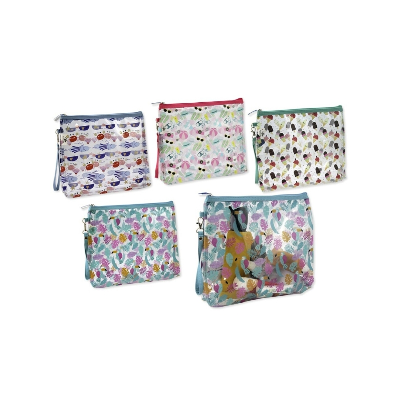 LOT de 12 Trousse de toilette transparente Lagart Good Time - Poignée de transport - En PVC - Dimensions : 25 x 30 x 6 cm - Moti