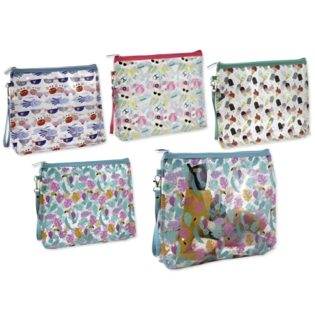 LOT de 12 Trousse de toilette transparente Lagart Good Time - Poignée de transport - En PVC - Dimensions : 25 x 30 x 6 cm - Moti