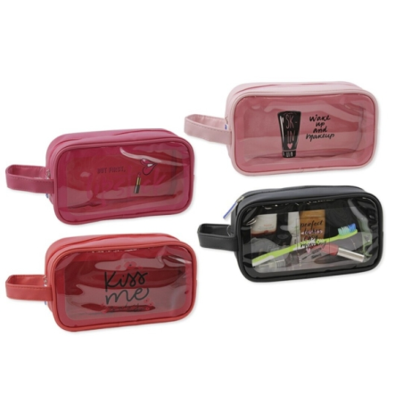 LOT de 12 Trousse de maquillage lézard avec fenêtre transparente - Poignée de transport - En PVC - Dimensions : 22 x 18 x 8 cm -