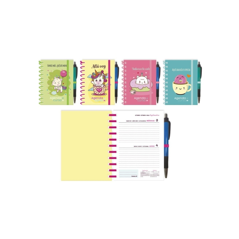 Présentoir Ingraf de 12 agendas scolaires 25/26 pages à spirale avec stylo - Format 8º - Couverture cartonnée doublée de détails