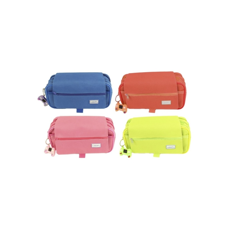 LOT de 8 Grande trousse à crayons Lagart à 3 compartiments - Avec rabat et porte-clés - Couleurs assorties