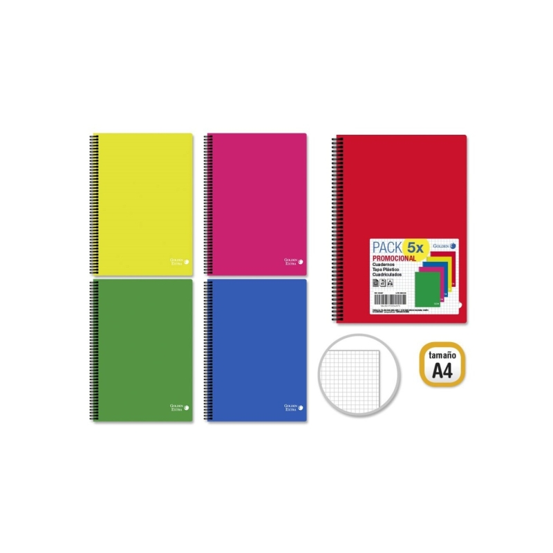 Pack de 5 cahiers A4 Golden Basic 80 feuilles 90 g/m² quadrillé 4x4 - Idéal pour les étudiants - Couverture en polypropylène - C