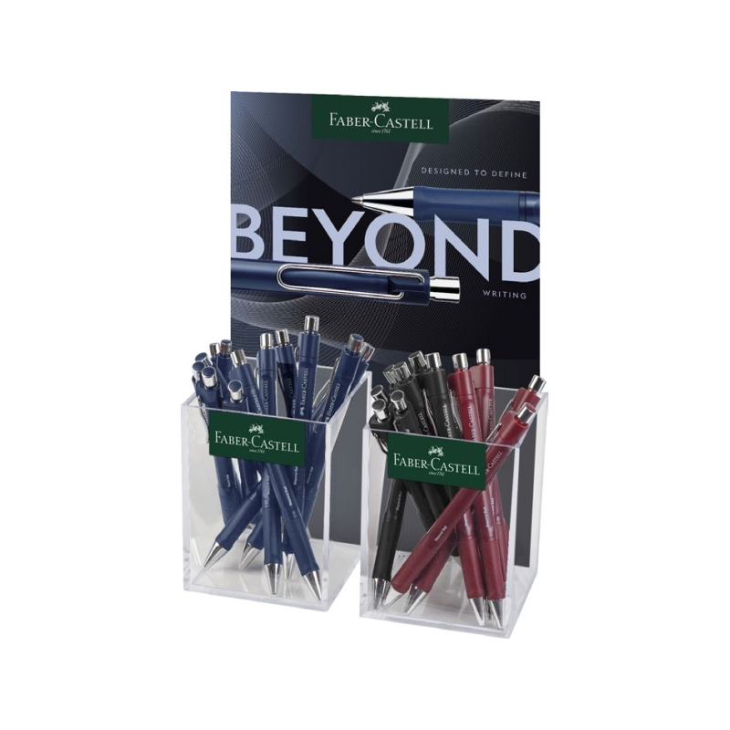 Faber-Castell Beyond Ball Expositor con 24 Boligrafos Retractiles - Punta 1mm - Trazo de 0.5mm - Grip de Agarre - Colores Surtid