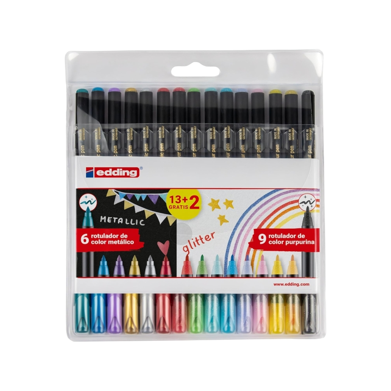Edding 1200 Lot de 15 marqueurs métalliques et pailletés - Pointe ronde - Trait métallique 1-3 mm, Paillettes 3 mm - Encre à bas