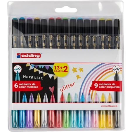 Edding 1200 Lot de 15 marqueurs métalliques et pailletés - Pointe ronde - Trait métallique 1-3 mm, Paillettes 3 mm - Encre à bas