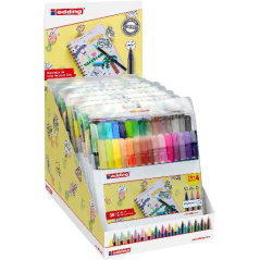 Présentoir Edding 1200 avec 10 paquets de 30 marqueurs – Pointe ronde – Encre à base d'eau – Couleurs classiques, fluo et pastel
