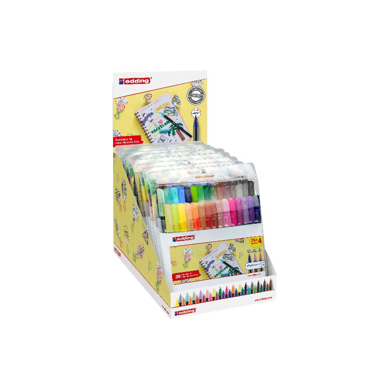 Présentoir Edding 1200 avec 10 paquets de 30 marqueurs – Pointe ronde – Encre à base d'eau – Couleurs classiques, fluo et pastel