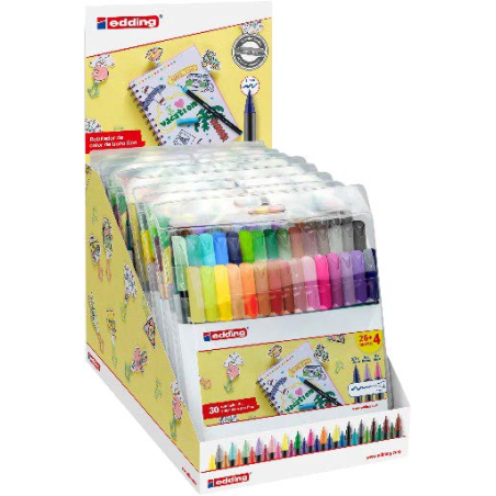 Présentoir Edding 1200 avec 10 paquets de 30 marqueurs – Pointe ronde – Encre à base d'eau – Couleurs classiques, fluo et pastel