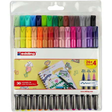 Présentoir Edding 1200 avec 10 paquets de 30 marqueurs – Pointe ronde – Encre à base d'eau – Couleurs classiques, fluo et pastel
