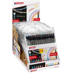 Présentoir Edding 1200 avec 15 paquets de 15 marqueurs - Pointe ronde - Encre à base d'eau - Couleurs métalliques et pailletées