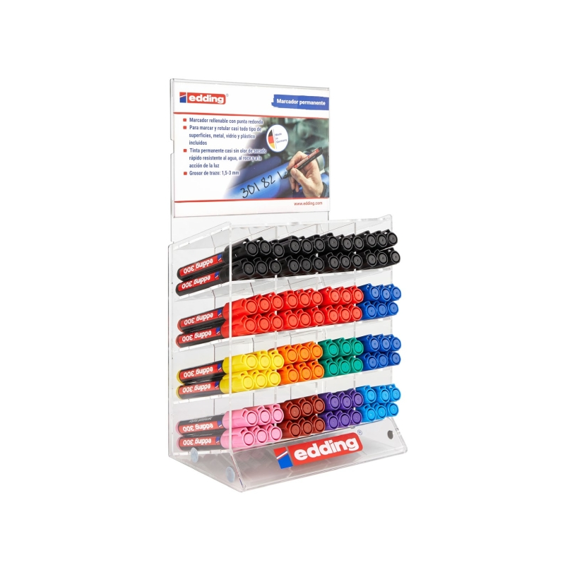 Edding 300 Expositor de 96 Rotuladores Permanentes - Punta Redonda - Trazo entre 1.5 y 3mm - Tinta Casi Inodora - Capuchon con C