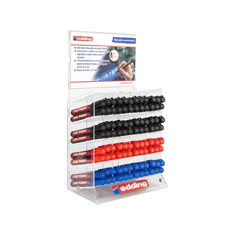 Edding 300 Expositor de 96 Rotuladores Permanentes - Punta Redonda - Trazo entre 1.5 y 3mm - Tinta Casi Inodora - Capuchon con C