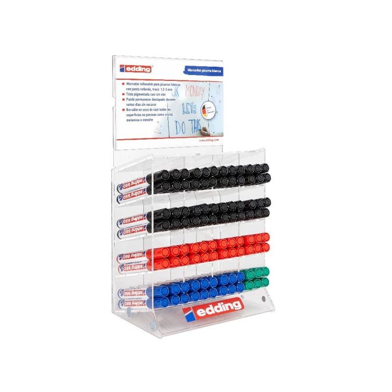 Edding 660 Expositor con 96 Rotuladores para Pizarra Blanca - Punta Redonda - Trazo entre 1.5 y 3mm - Recargable - Secado Rapido