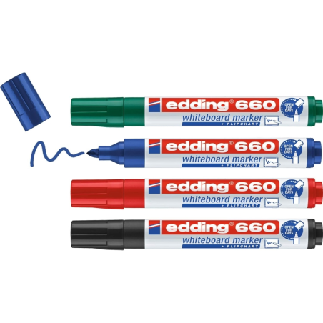 Edding 660 Expositor con 96 Rotuladores para Pizarra Blanca - Punta Redonda - Trazo entre 1.5 y 3mm - Recargable - Secado Rapido