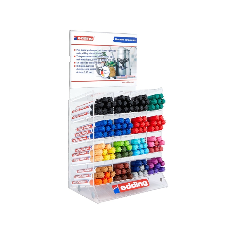 Edding 3000 Expositor con 128 Rotuladores Permanentes - Punta Redonda de 1.5mm - Trazo entre 1.5 y 3mm - Recargable - Secado Rap