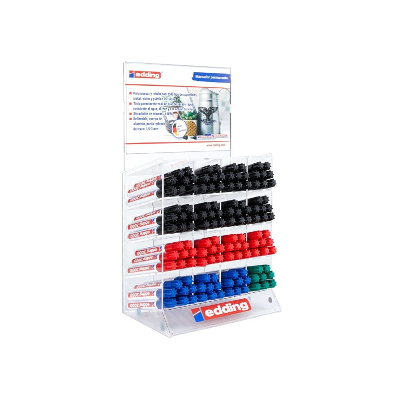 Edding 3000 Expositor con 128 Rotuladores Permanentes - Punta Redonda de 1.5mm - Trazo entre 1.5 y 3mm - Recargable - Secado Rap