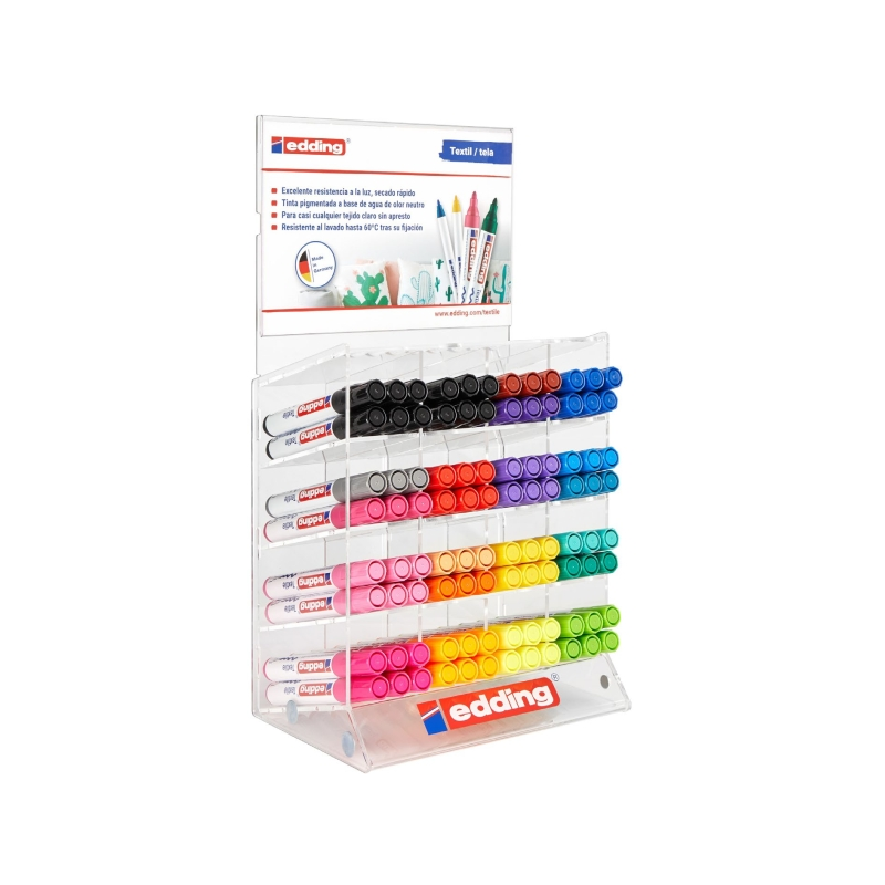 Edding 4500 Expositor con 96 Rotuladores Permanentes para Textil - Punta Redonda - Trazo entre 2 y 3mm - Olor Neutro - Secado Ra