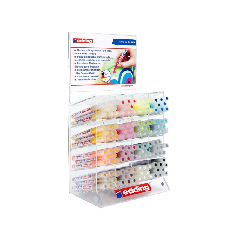 Edding 5100 Acrylic Expositor con 132 Rotuladores Permanentes Acrilicos - Punta Redonda 2-3mm - Trazo Medio - Resistente a la Lu