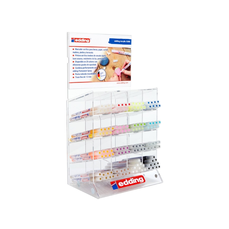Edding 5300 Acrylic Expositor con 137 Rotuladores Permanentes Acrilicos - Punta Biselada 1-2mm - Trazo Fino - Resistente a la Lu