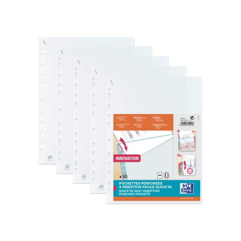 LOT de 20 Couvertures multi-trous Oxford Quick'In A4 - Polypropylène standard - Verre 50m - Insertion facile - Protection durabl