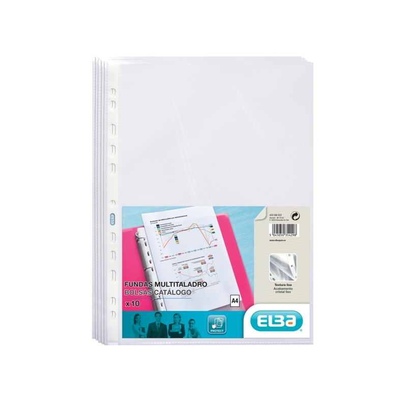 Elba Pack de 10 Couvertures Multi-trous Standard A4 - Matériau PP 70? - Transparent et cristallin