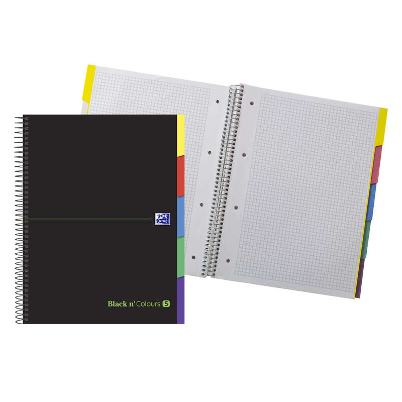 LOT de 5 Oxford Black N'Colours Europeanbook A4+ - Couverture extra rigide et résistante - 100 feuilles au design 5x5 - Onglets