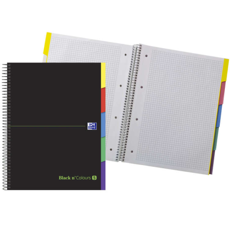 LOT de 5 Oxford Black N'Colours Europeanbook A4+ - Couverture extra rigide et résistante - 100 feuilles au design 5x5 - Onglets