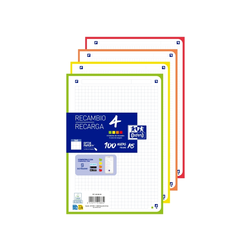 Recharges Oxford 100 feuilles - Format A5 - Quadrillage 5x5 mm - 4 perforations - Numérisation de texte avec application - Bande