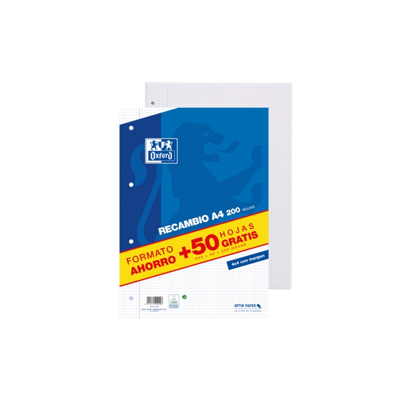 LOT de 10 Recharge Oxford School Classic A4 - Pack 4x4 avec marge - 200 feuilles + 50 feuilles gratuites