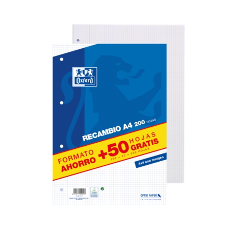 LOT de 10 Recharge Oxford School Classic A4 - Pack 4x4 avec marge - 200 feuilles + 50 feuilles gratuites