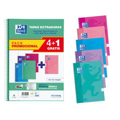 Oxford School Classic Write&Erase Pack 4+1 Fº - Carnet à Spirale - Couverture Extra Rigide - 4x4 avec Marge - 80 Feuilles - Coul