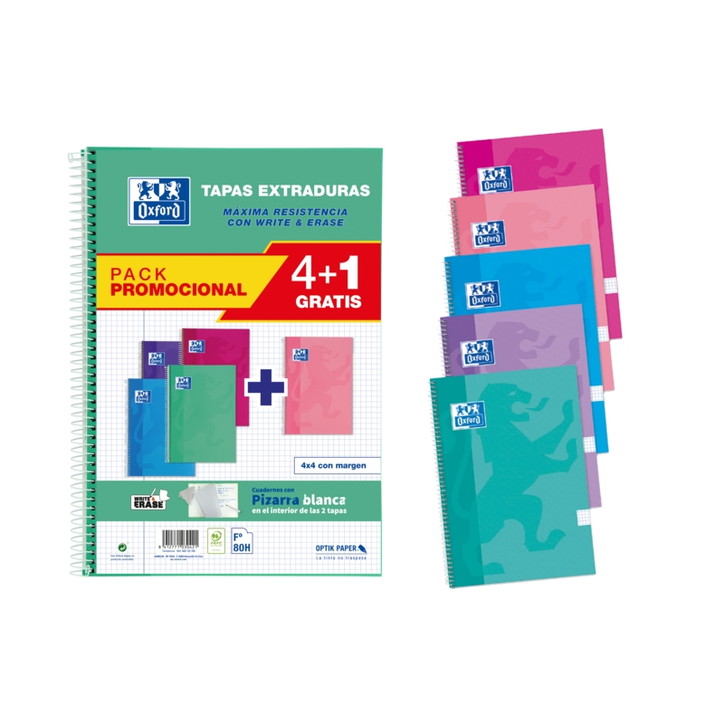 Oxford School Classic Write&Erase Pack 4+1 Fº - Carnet à Spirale - Couverture Extra Rigide - 4x4 avec Marge - 80 Feuilles - Coul