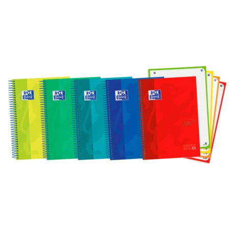 LOT de 5 Oxford School Touch A5+ Europeanbook - Couverture Extra Rigide Résistante - 120 Feuilles de Couleurs Vives - Grille 5x5