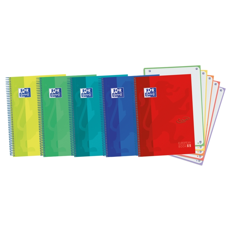 LOT de 5 Oxford School Touch A4+ Europeanbook - Couverture Extra Rigide Résistante - 120 Feuilles de Couleurs Vives - Grille 5x5
