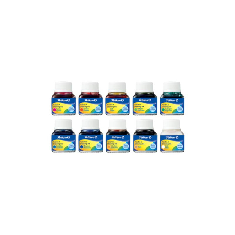Pelikan 523 Lot de 10 encres chinoises - 10 ml - Pigmentation intense - Couleurs assorties