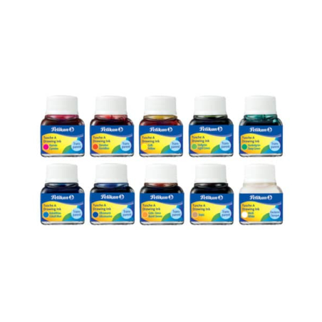 Pelikan 523 Lot de 10 encres chinoises - 10 ml - Pigmentation intense - Couleurs assorties