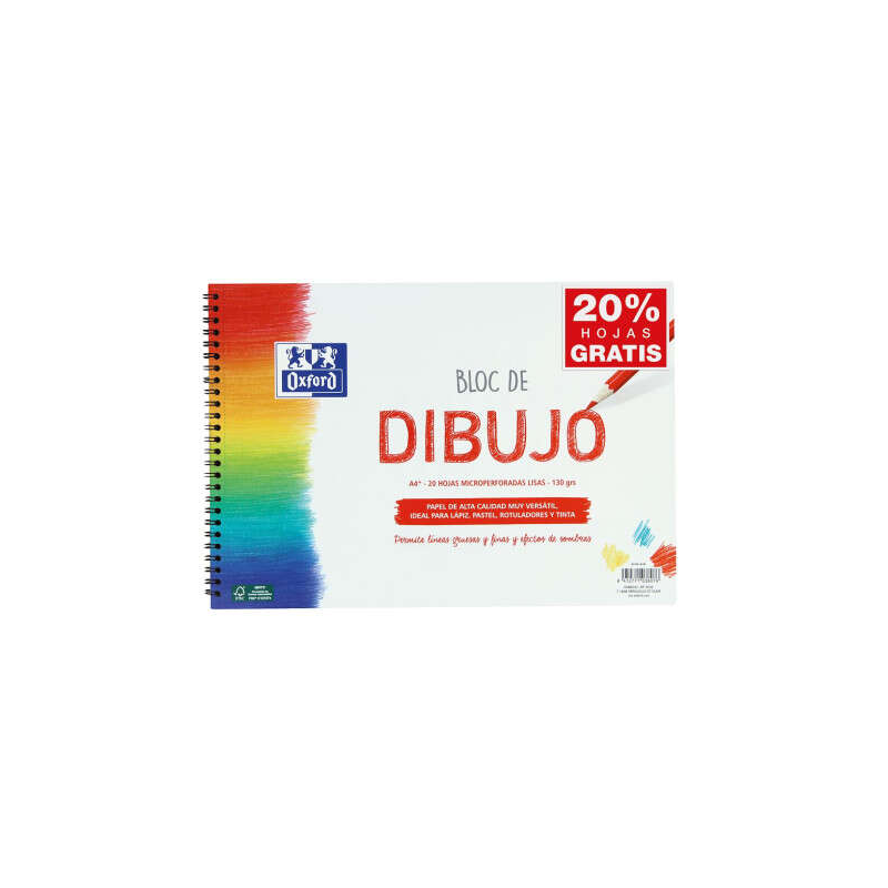 LOT de 5 Oxford Spiral School Bloc Dessin A4+ Format Lisse - 20 Feuilles Microperforées 130gr Couleur Naturelle - Papier Surface