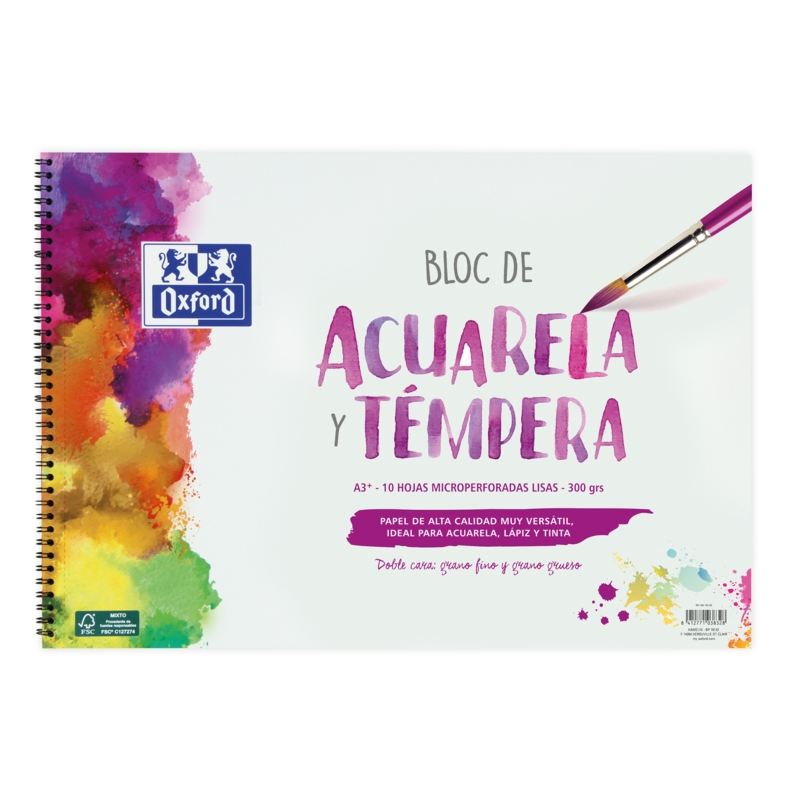LOT de 5 Oxford School Painting Bloc à Spirale Aquarelle et Tempera A3+ - Couverture Souple/Dos Rigide - 10 Feuilles - 300gr Uni