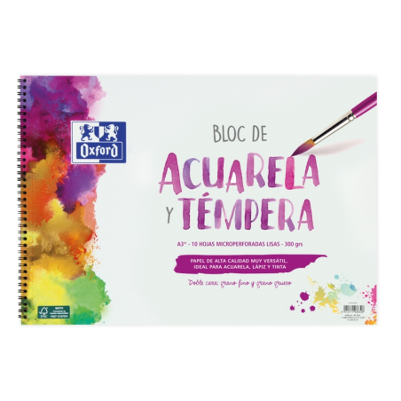 LOT de 5 Oxford School Painting Bloc à Spirale Aquarelle et Tempera A3+ - Couverture Souple/Dos Rigide - 10 Feuilles - 300gr Uni