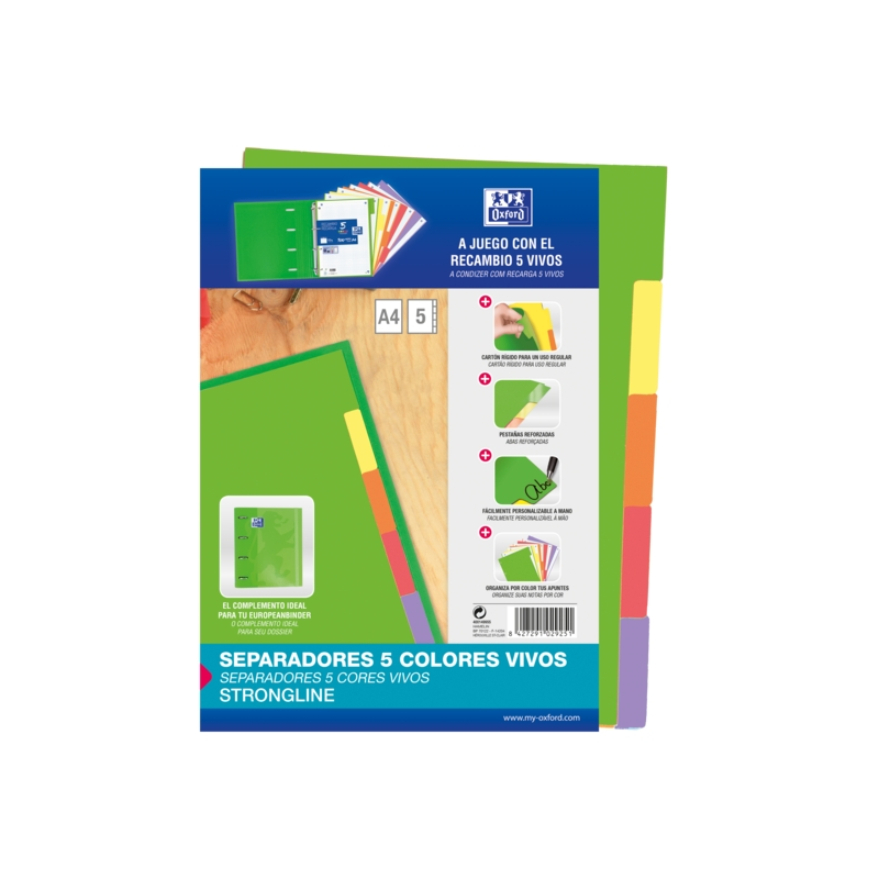 LOT de 25 Intercalaires Oxford Strongline A4 5 positions - 4 trous - Carton 200gr - Couleurs Assorties