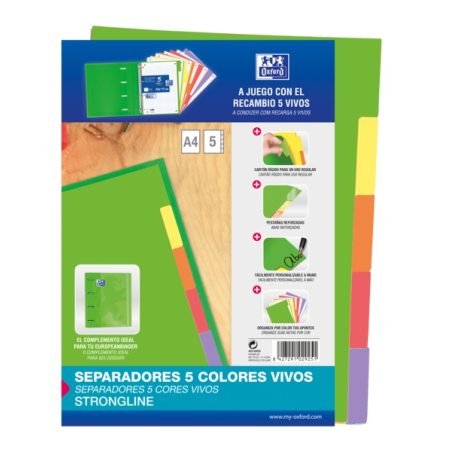LOT de 25 Intercalaires Oxford Strongline A4 5 positions - 4 trous - Carton 200gr - Couleurs Assorties